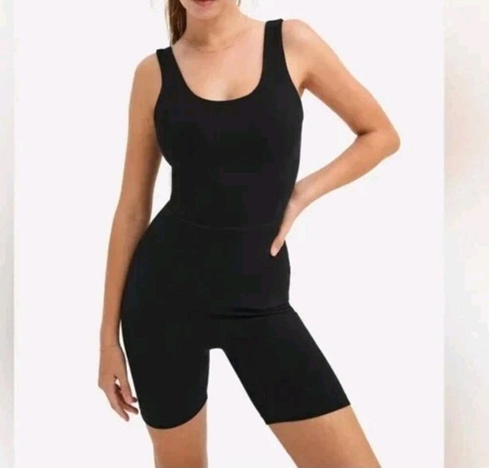 NEW MATE the Label Organic Stretch Unitard Size L Jet Black Cotton Romper 6" Ins
